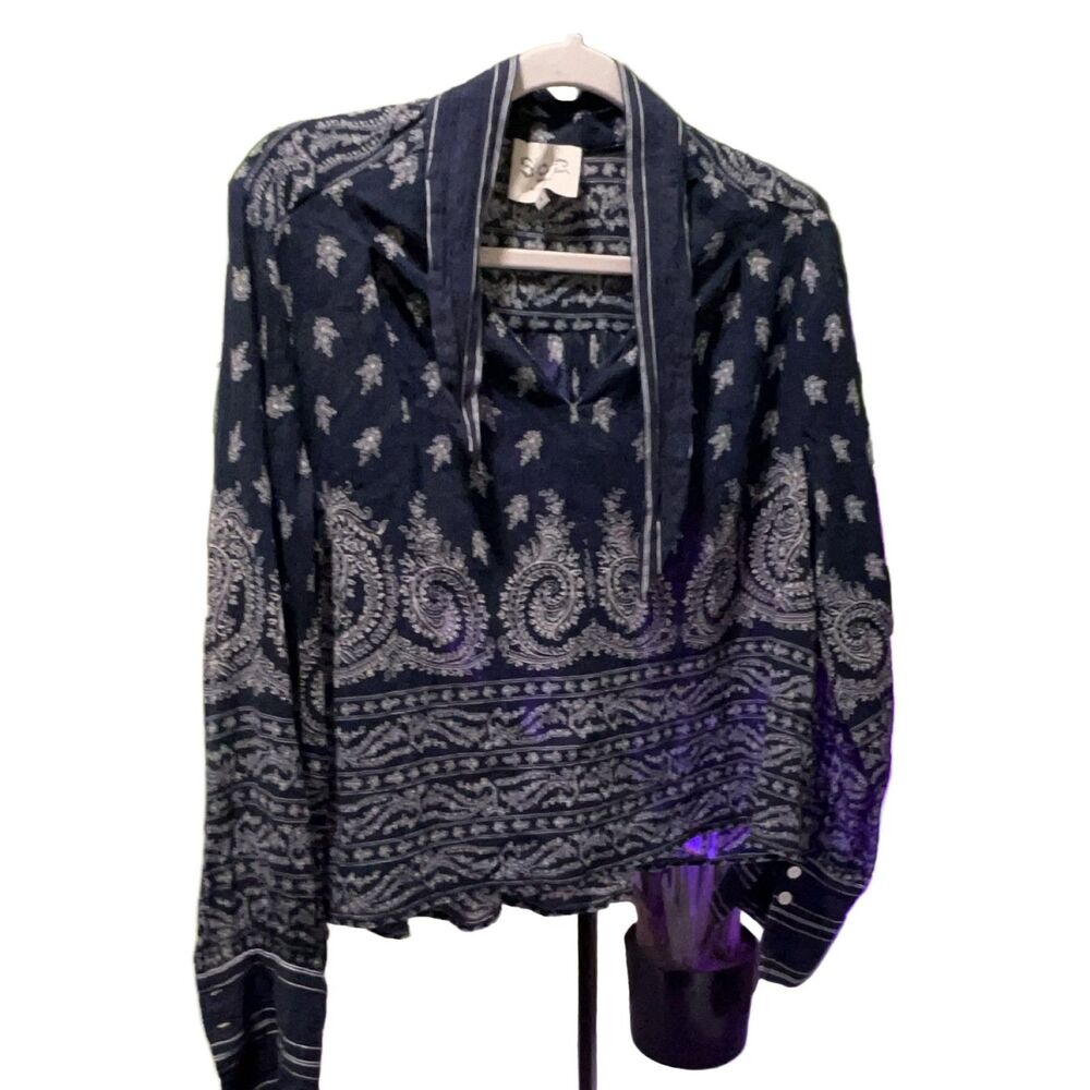 Sea Paisley Bandana Print Long Sleeve Blouse Navy Blue White Women's Size 4